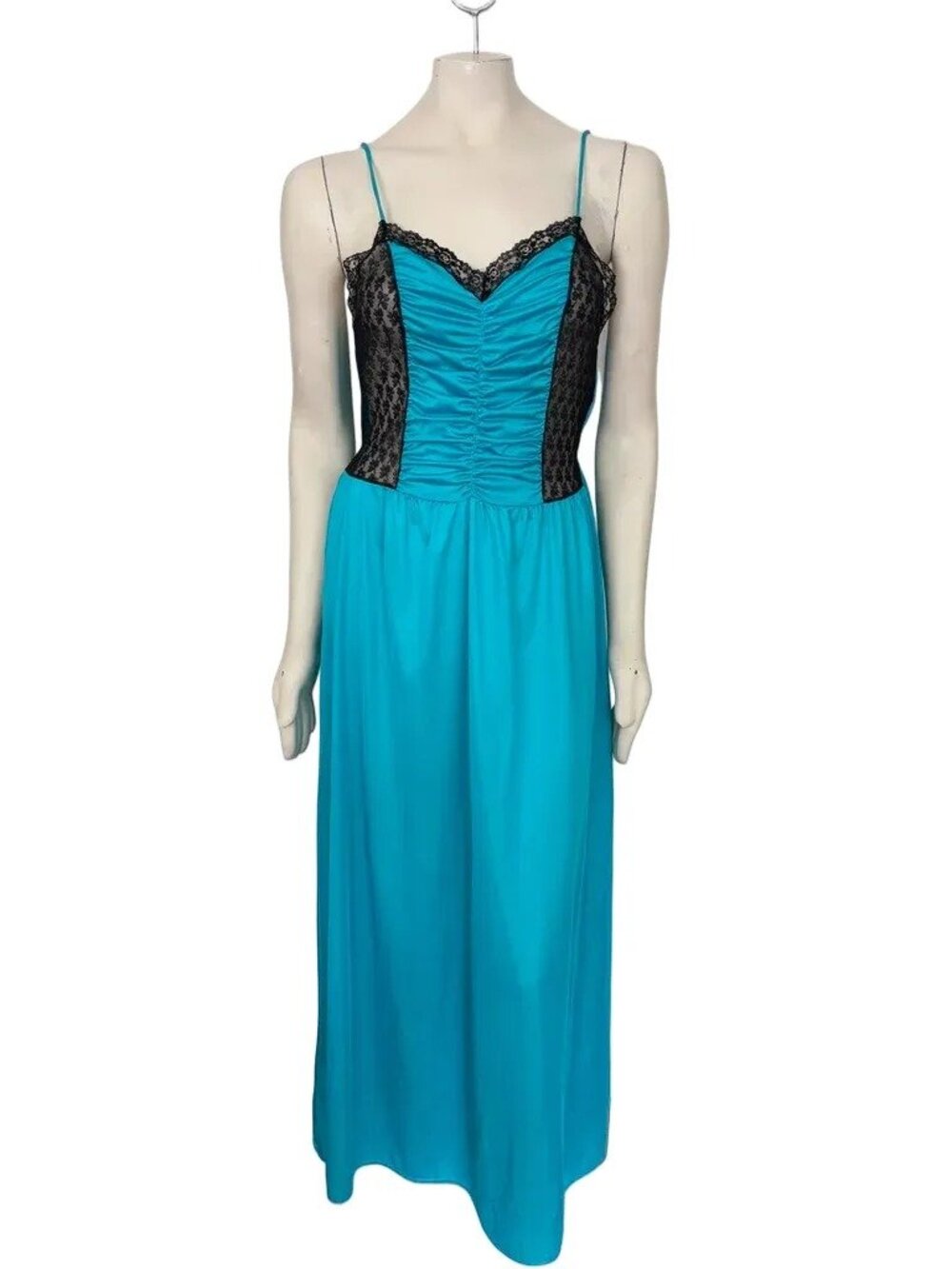 VTG 70s UNDERCOVER WEAR Turquoise Satin Lace Maxi Slip Dress Nightgown SZ M